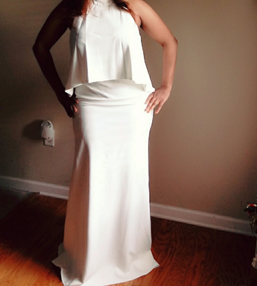 White two piece dress with high low top